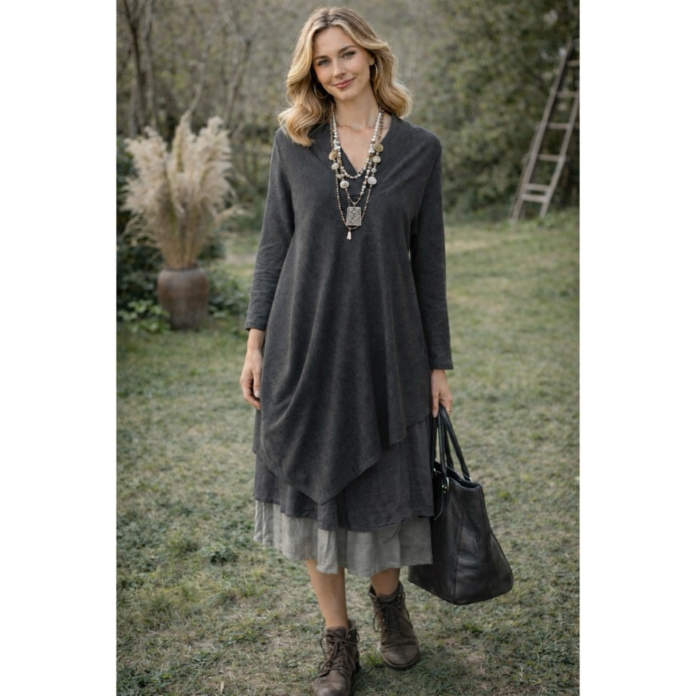 Veronique Miljkovitch Jersey Knit Dress V-Neck Lagenlook Layering Stretch Sz M